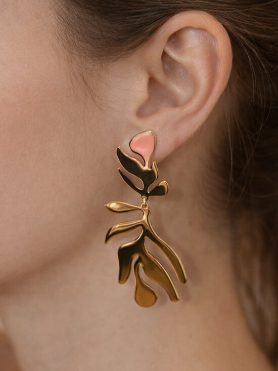 BaubleBar Jewelry - BaubleBar Gold Abstract Palm Fronds Drop Earrings Pink Accent Statement 3”